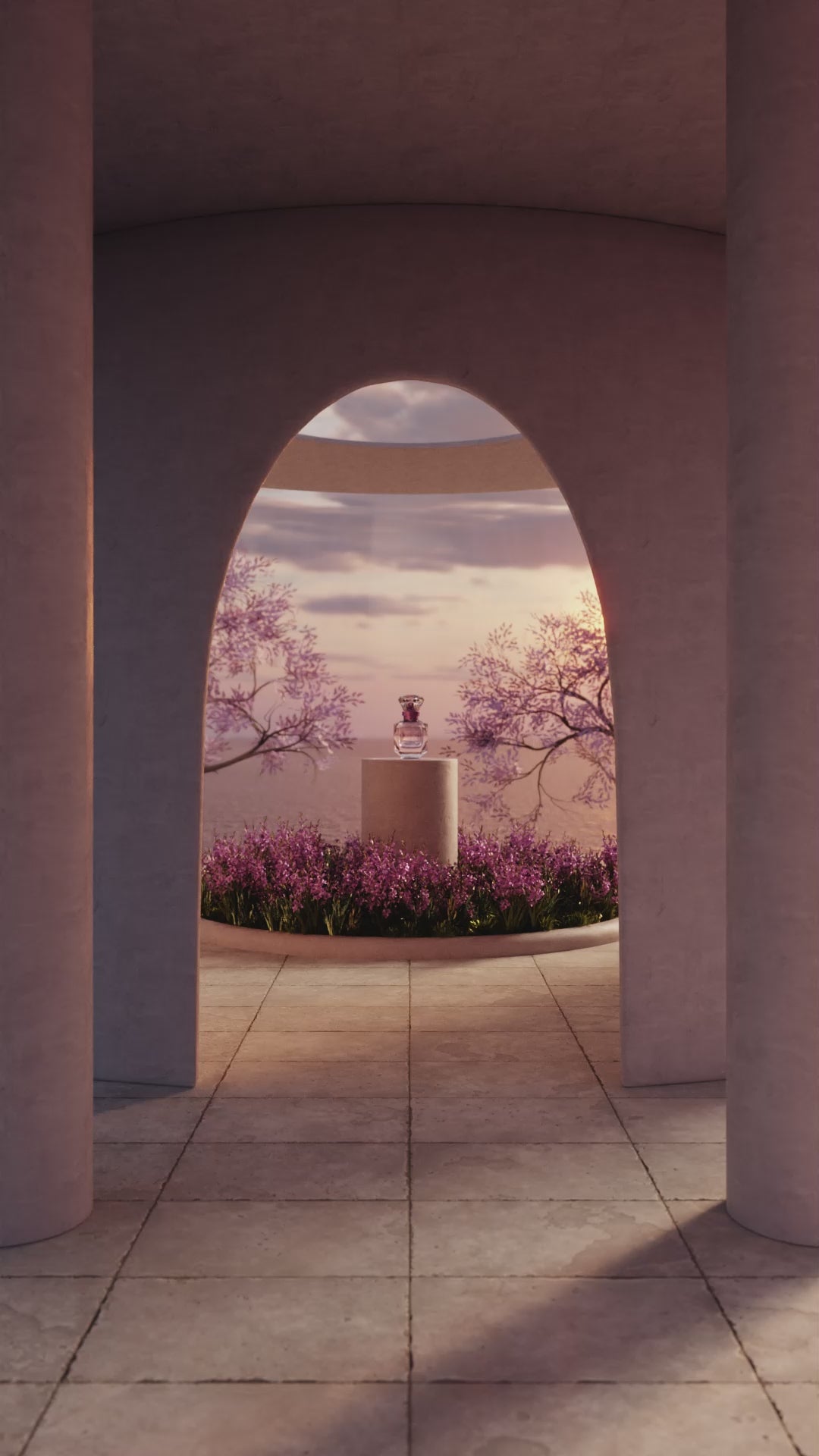 Violet perfume in a eden garden with violet flowers surrounding it